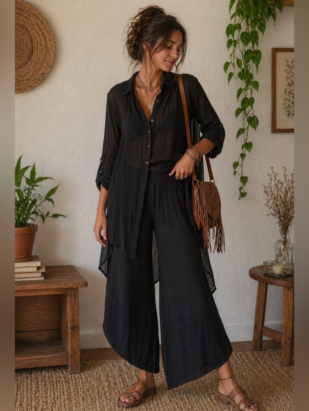 Boho Sheer Black Duster Top • Lightweight Kimono Top Cardigan Size OS NWT - Picture 3 of 8